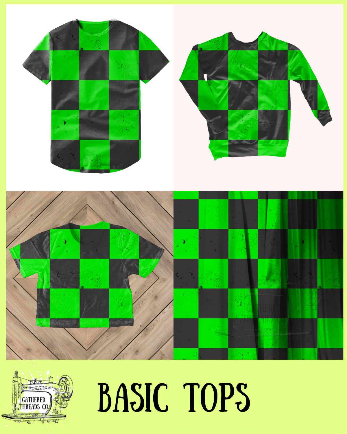 Green & Black Checkers Basic Tops