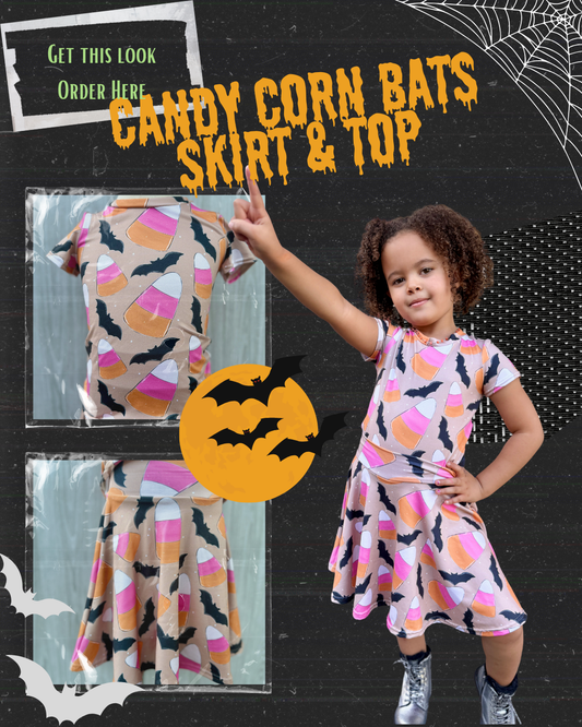 Spooky Threads Candy Corn Bats Skirted Bikers & Fitted Top