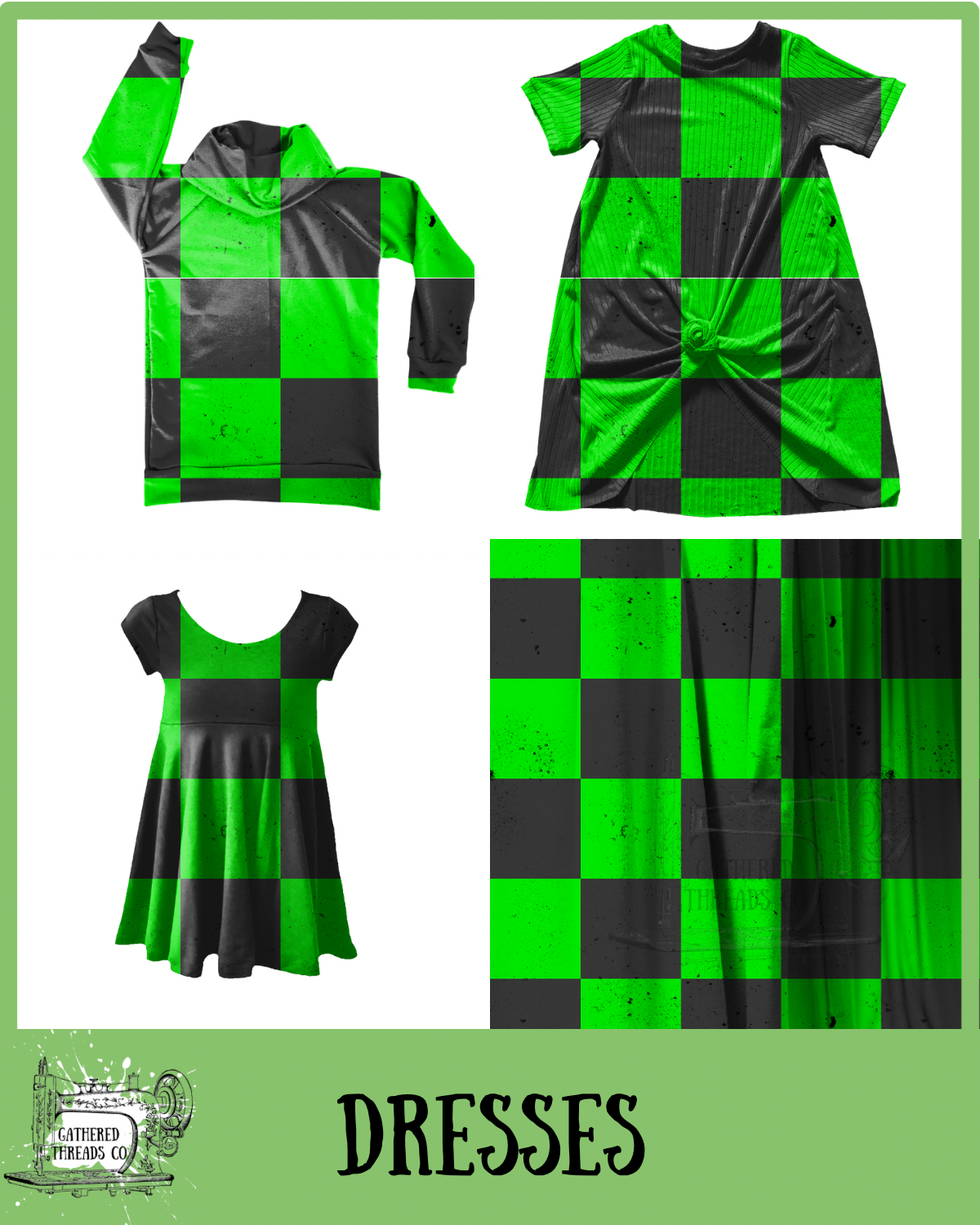 Green & Black Checkers Dresses