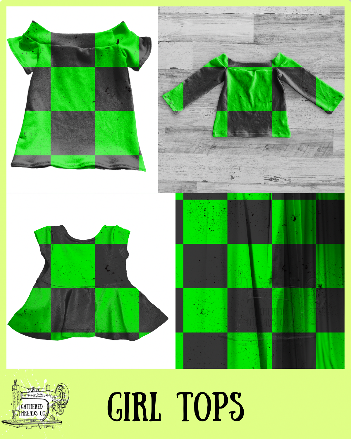 Green & Black Checkers Girl Tops