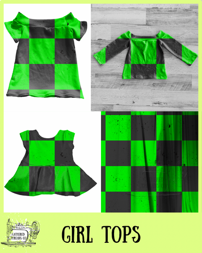 Green & Black Checkers Girl Tops