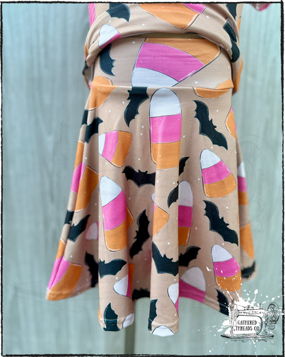 Spooky Threads Candy Corn Bats Skirted Bikers & Fitted Top