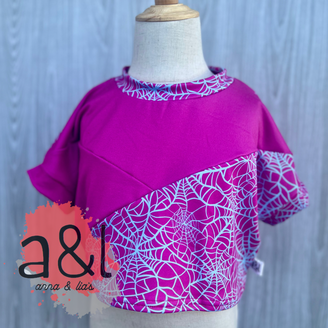 3T Boxy Color Block Crop Pink Spider Webs *RTS