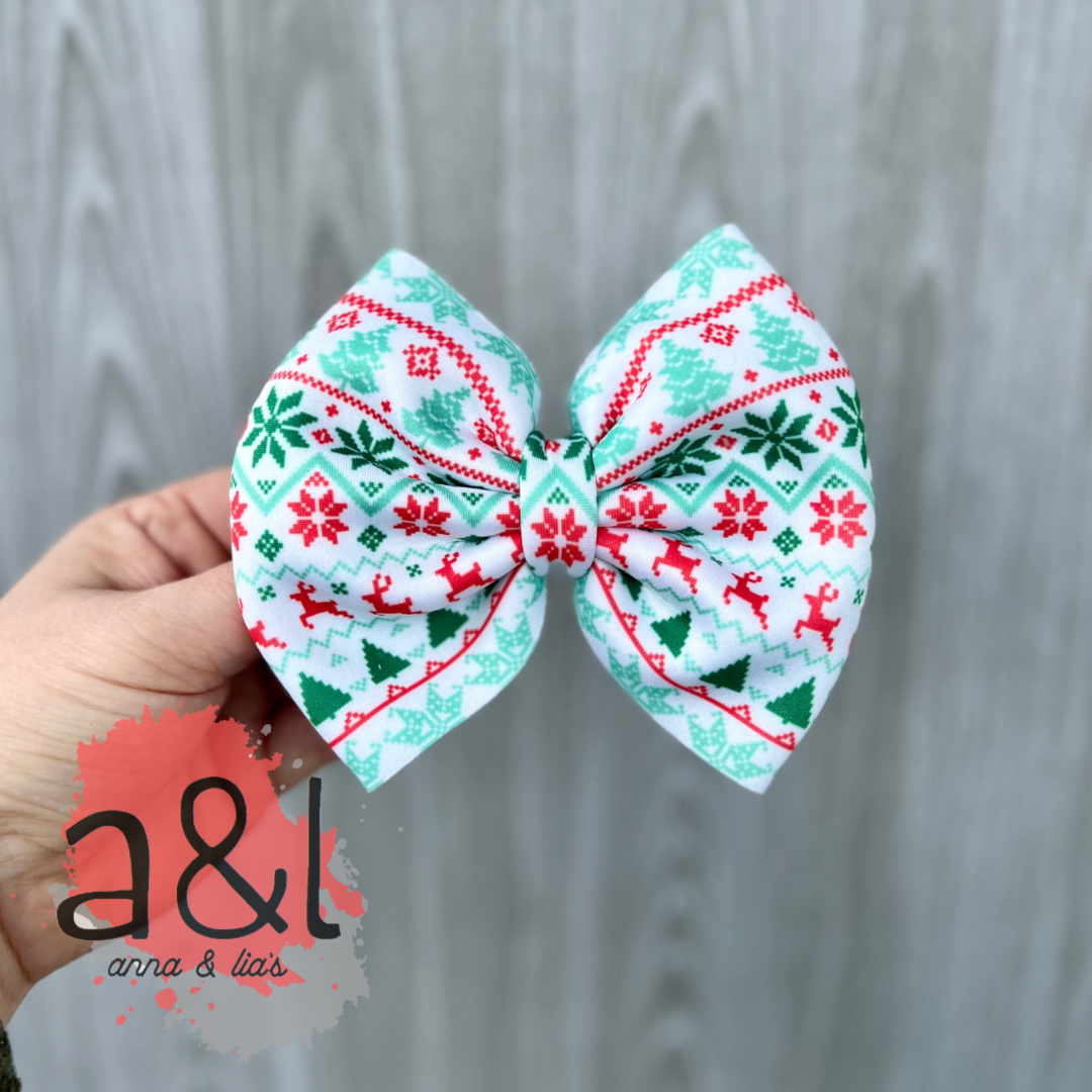 Christmas Fair Isle 5 inch Clip Bow on Scuba *RTS