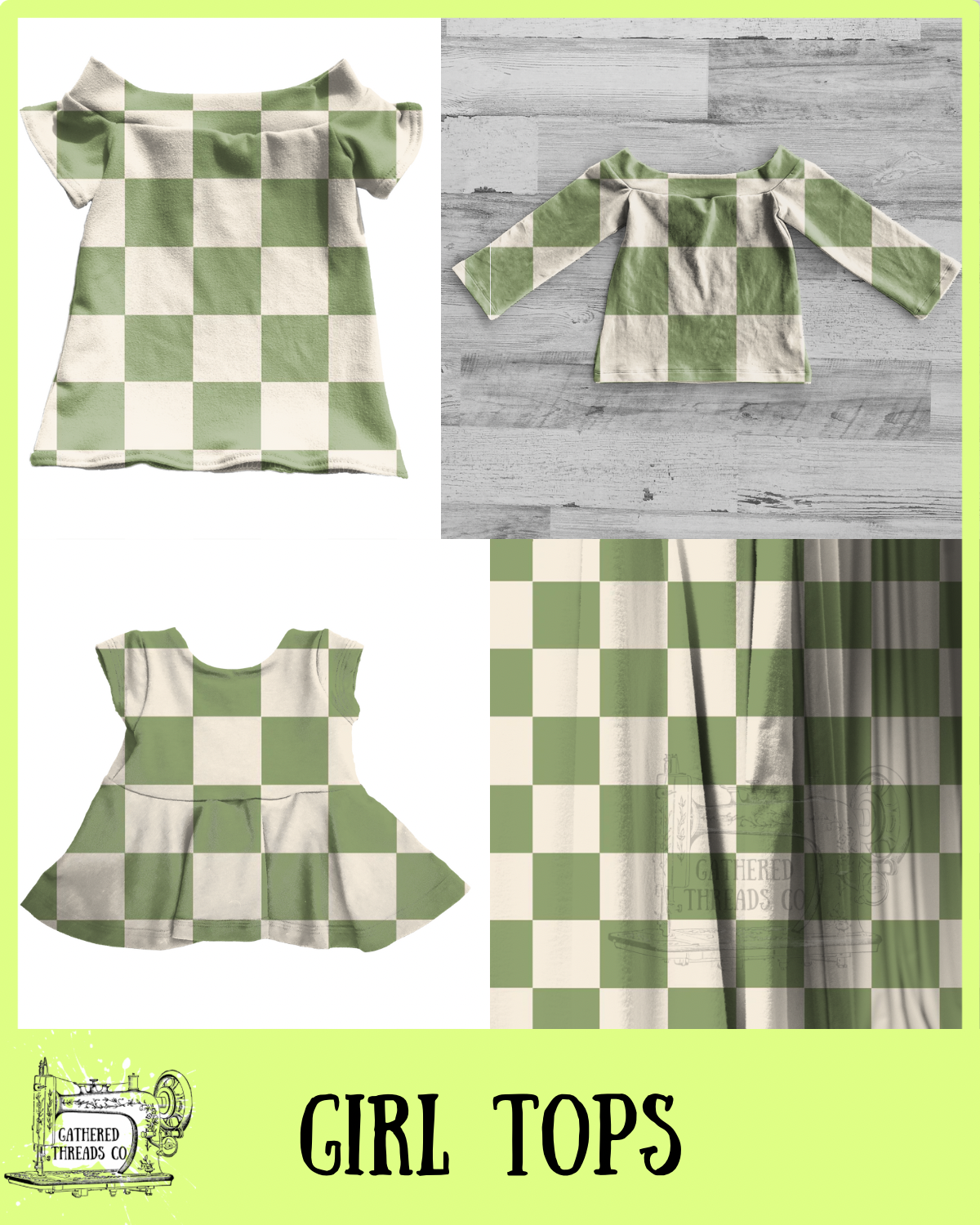 Muted Green & Cream Checkers Girl Tops