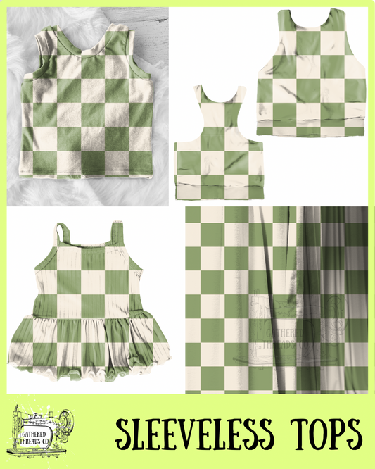 Muted Green & Cream Checkers Sleeveless Shirts