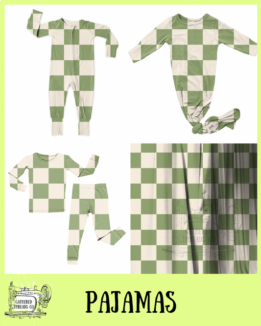 Muted Green & Cream Checkers Ribbed Pajamas