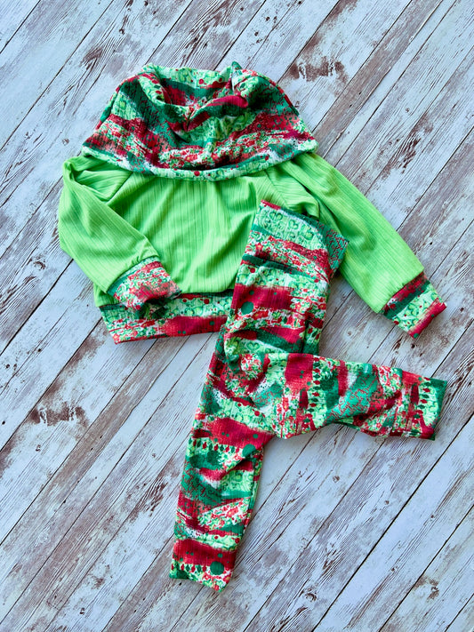 Green Guy Brush Strokes Legging and Cowl Neck Sweater Set 6-12m *RTS*