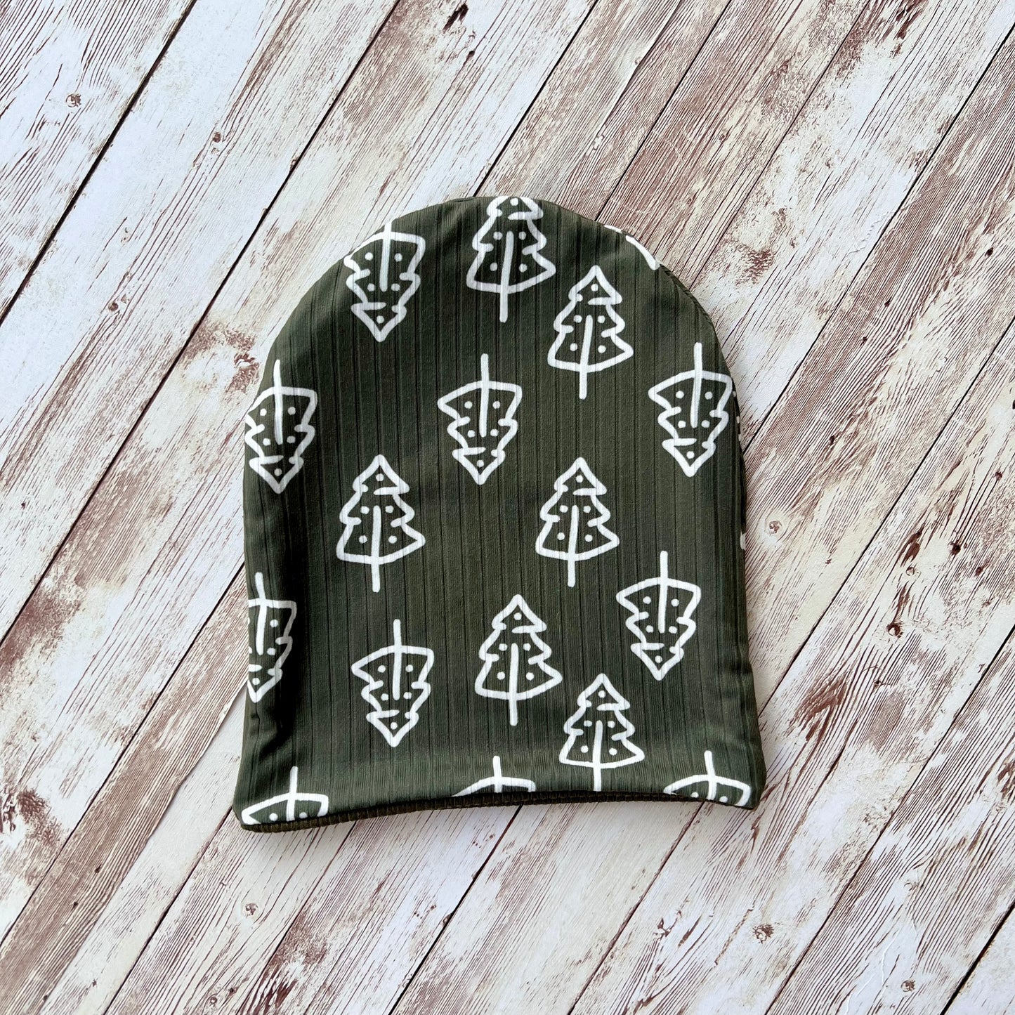 Green Boho Trees reversible beanie size 6-9M *RTS