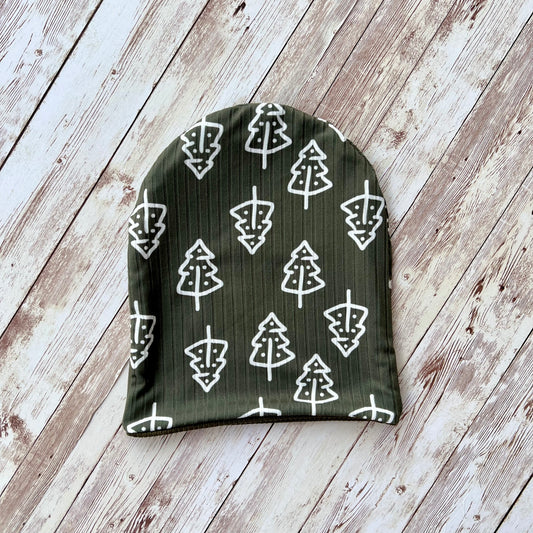 Green Boho Trees reversible beanie size 6-9M *RTS